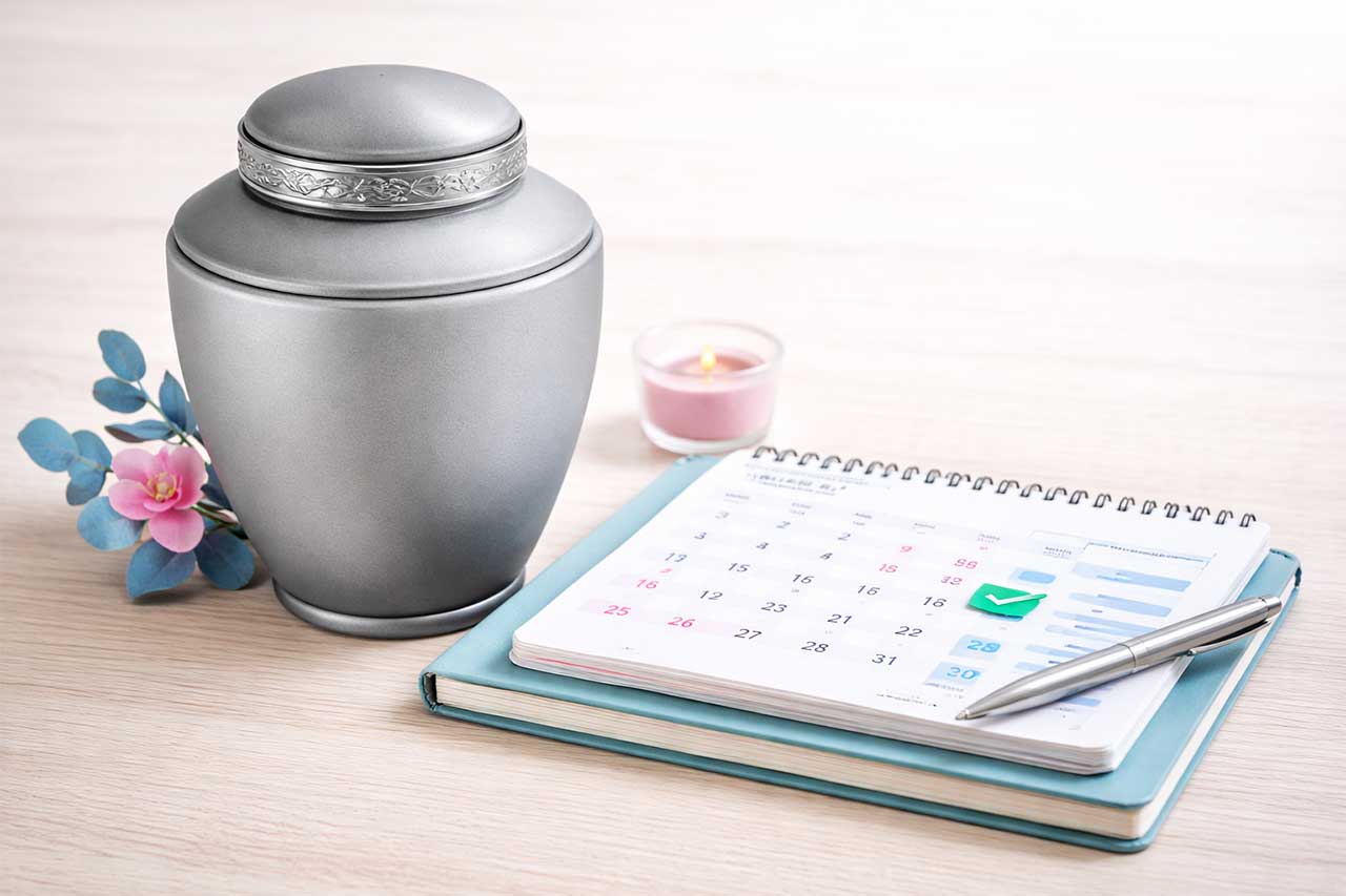 Urn With Planner And Candle On Wooden Surface