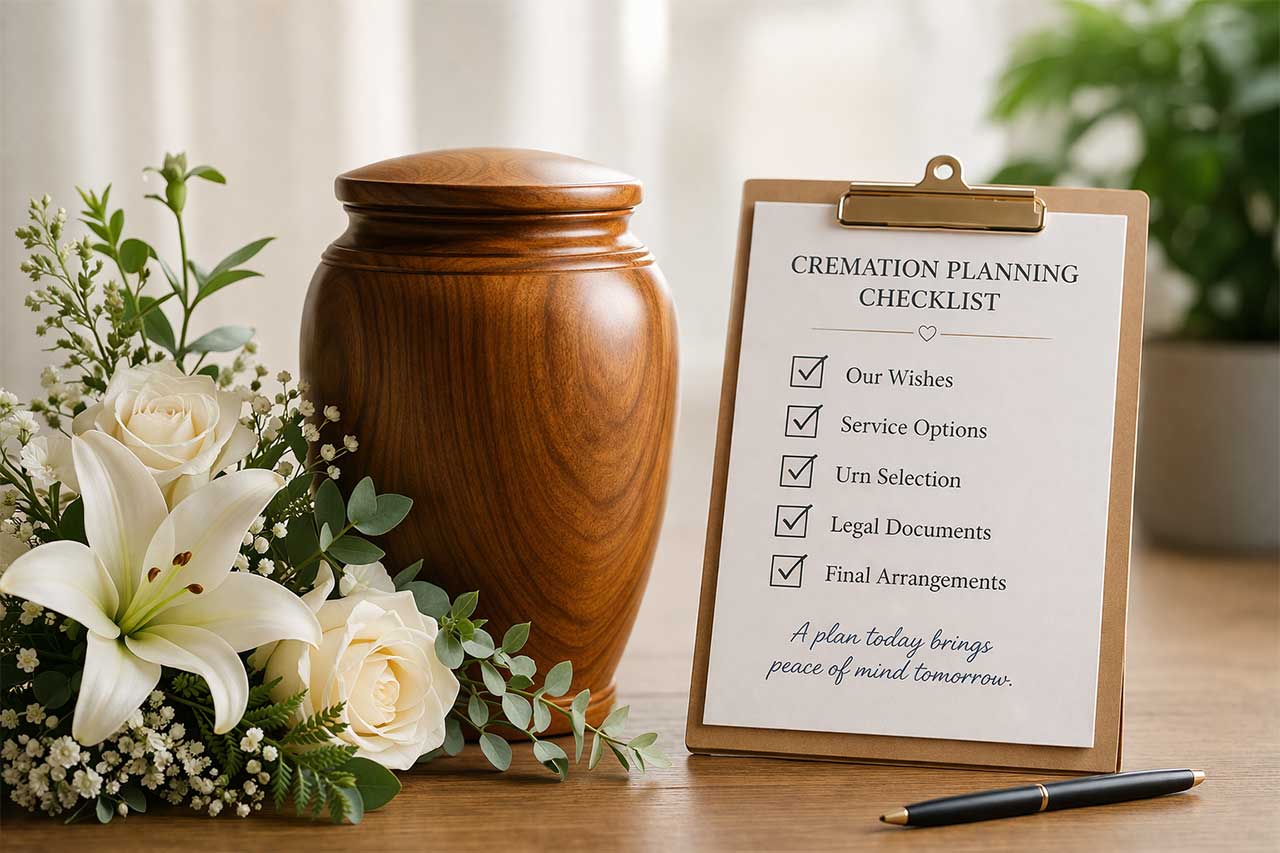 Wood Urn With White Flowers And Cremation Planning Checklist On Wooden Table